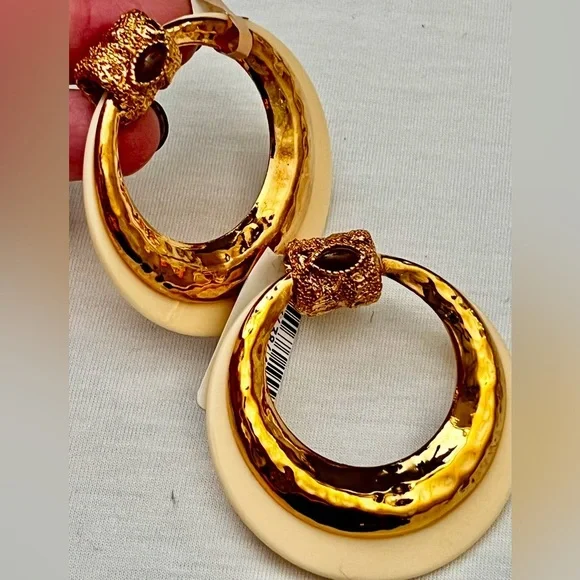 Gas Bijoux Authentic Meknes 24KGold Plated Hoop Earrings Marquise Glass Cabochon
